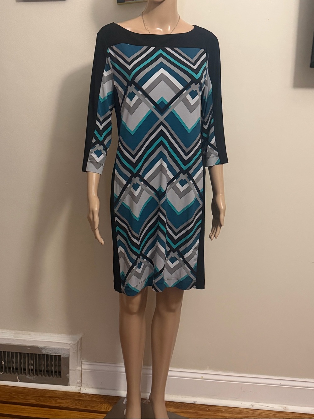 Banana Republic Teal, Black & Gray Geometric Shift Dress